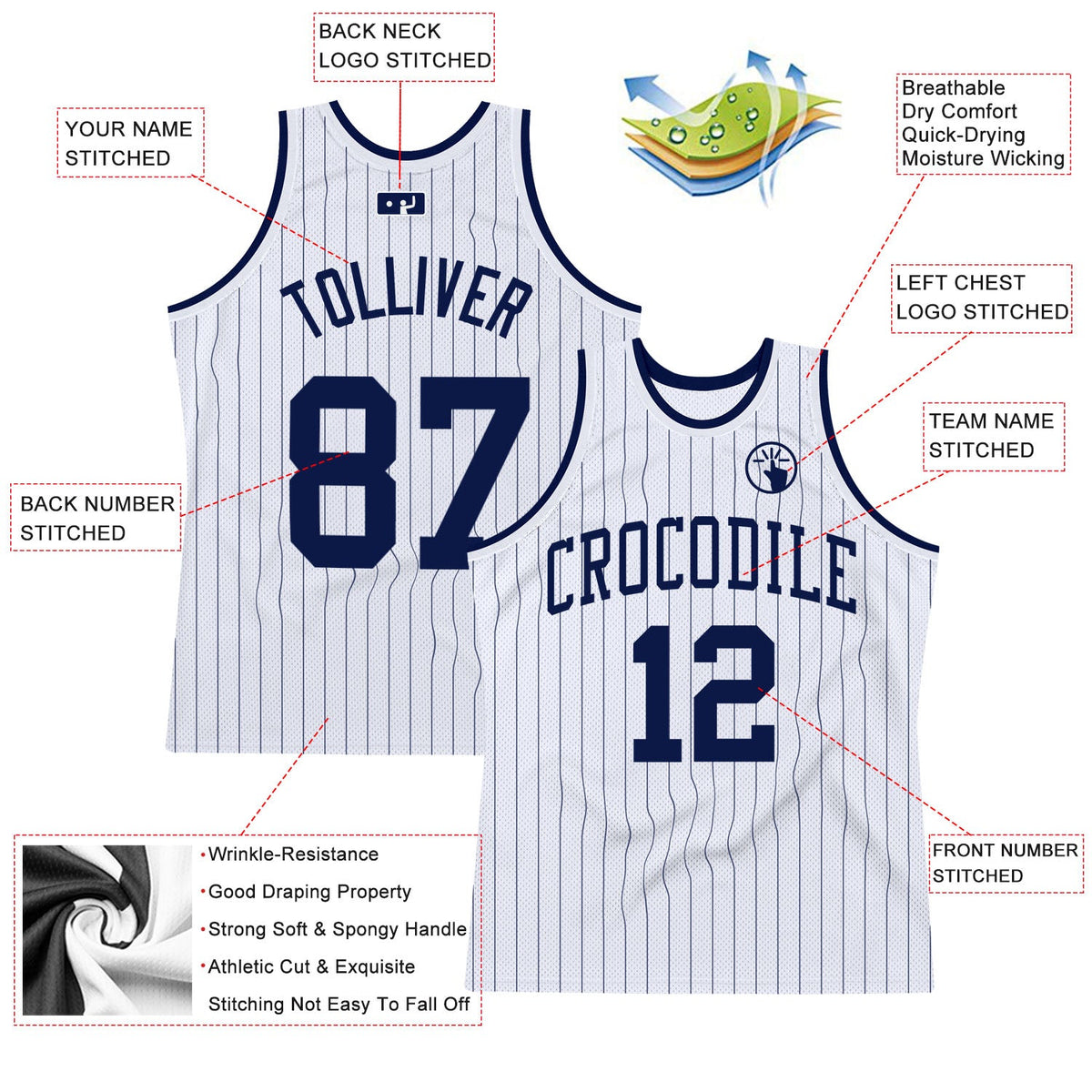 Custom White Navy Pinstripe Navy Authentic Basketball Jersey - Back
