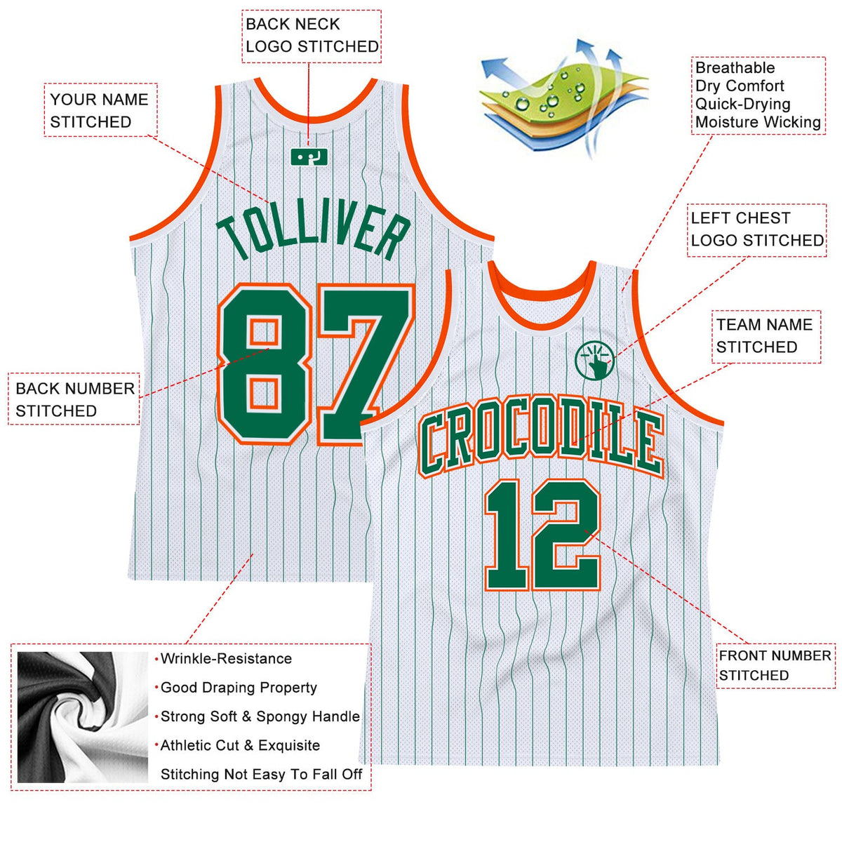 Custom White Kelly Green Pinstripe Kelly Green-Orange Authentic Basketball Jersey - Back