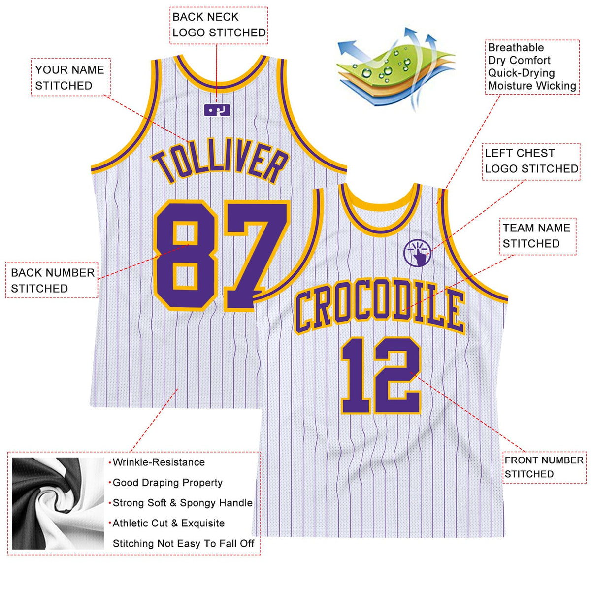 Custom White Purple Pinstripe Purple-Gold Authentic Basketball Jersey - Back