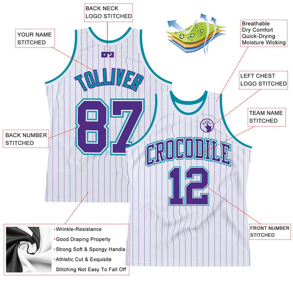 Custom White Purple Pinstripe Purple-Teal Authentic Basketball Jersey alternate