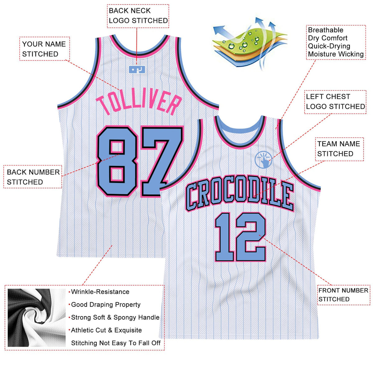 Custom White Light Blue Pinstripe Light Blue Black-Pink Authentic Basketball Jersey - Back