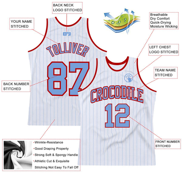 Custom White Light Blue Pinstripe Light Blue-Red Authentic Basketball Jersey alternate