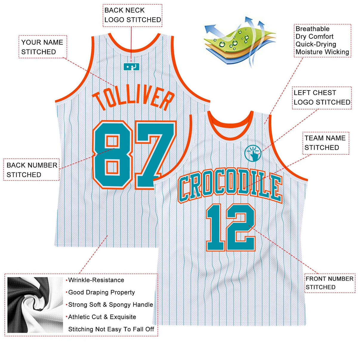 Custom White Teal Pinstripe Teal-Orange Authentic Basketball Jersey - Back