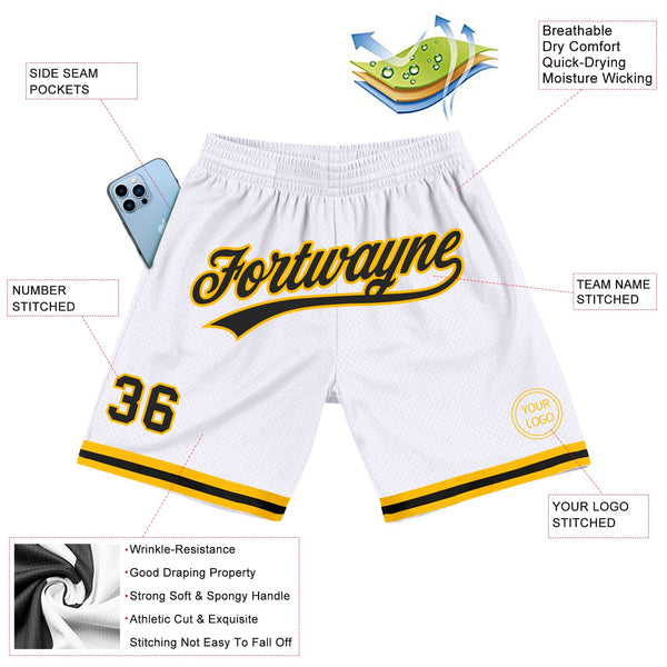 Custom White Black-Gold Authentic Throwback Basketball Shorts alternate