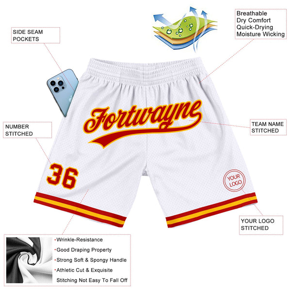 Custom White Red-Gold Authentic Throwback Basketball Shorts alternate