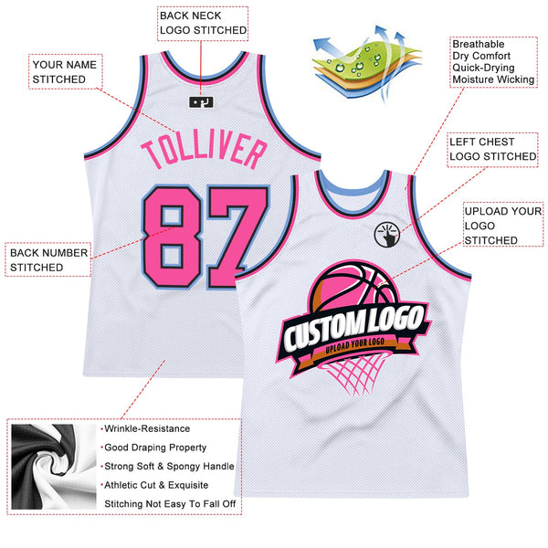 Custom White Pink Black-Light Blue Authentic Throwback Basketball Jersey alternate