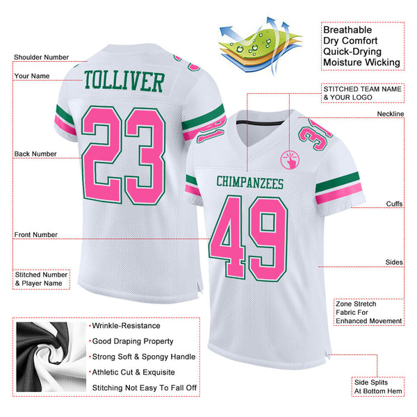 Custom White Pink-Kelly Green Mesh Authentic Football Jersey alternate