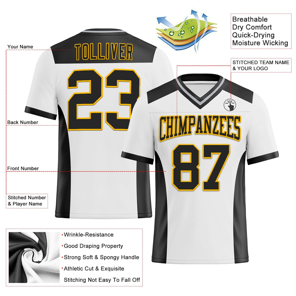 Custom White Black-Gold Authentic Football Jersey - Front
