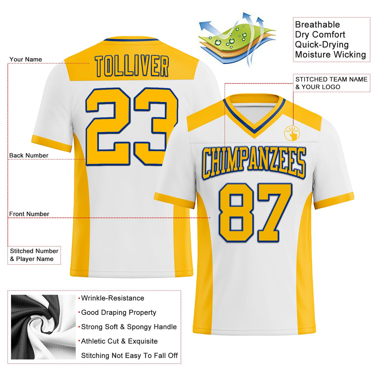 Custom White Gold-Royal Authentic Football Jersey - Front