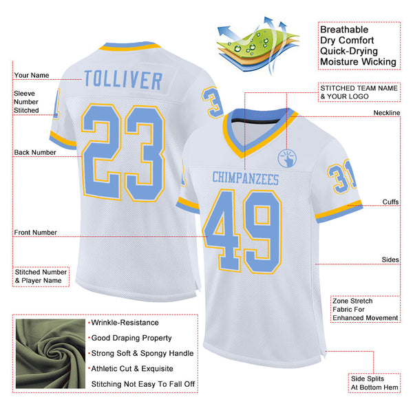 Custom White Light Blue-Gold Mesh Authentic Throwback Football Jersey alternate