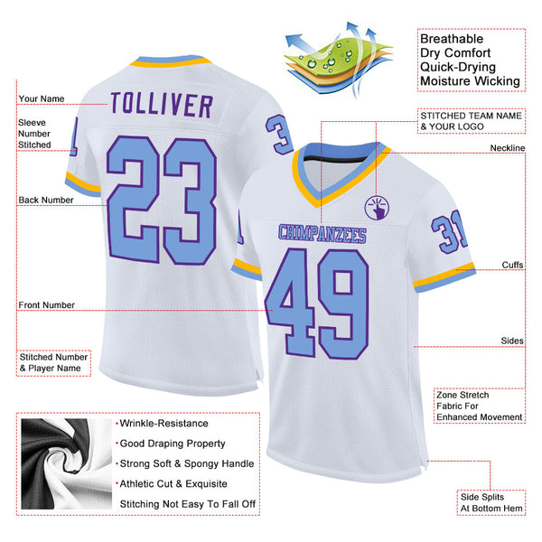 Custom White Light Blue Purple-Gold Mesh Authentic Throwback Football Jersey alternate