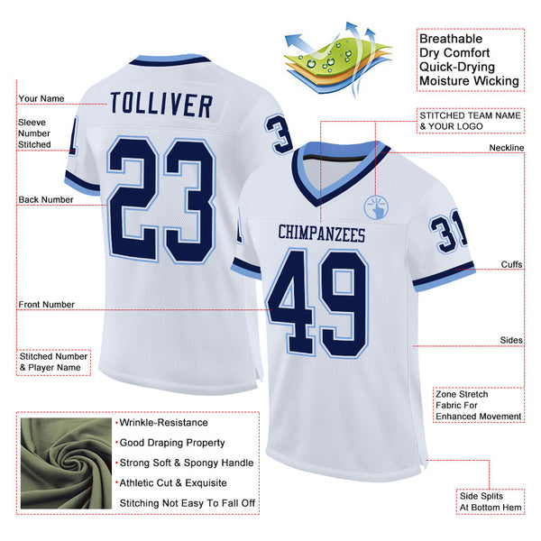 Custom White Navy-Light Blue Mesh Authentic Throwback Football Jersey alternate