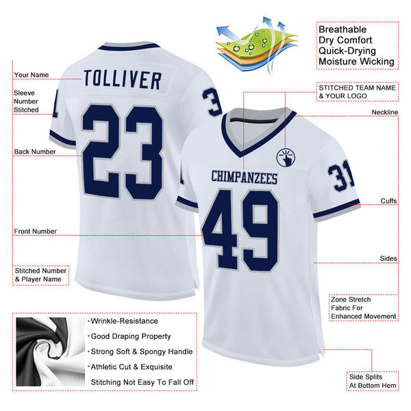 Custom White Navy-Gray Mesh Authentic Throwback Football Jersey alternate