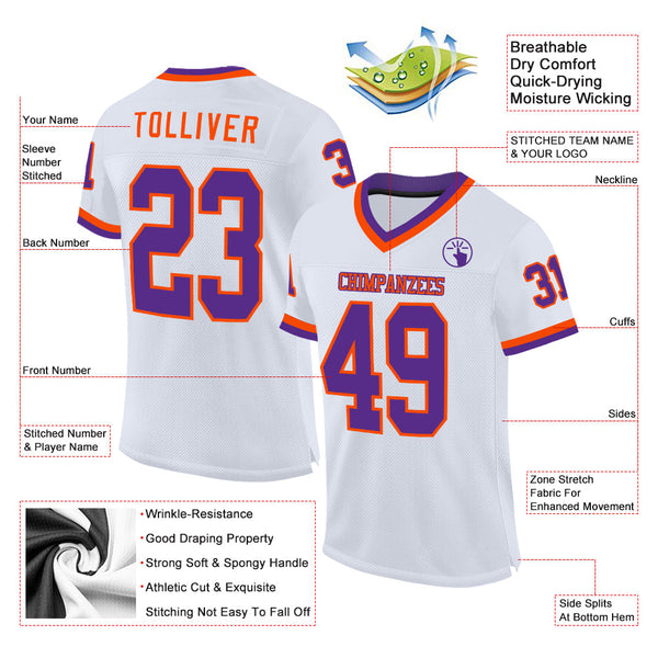 Custom White Purple-Orange Mesh Authentic Throwback Football Jersey alternate