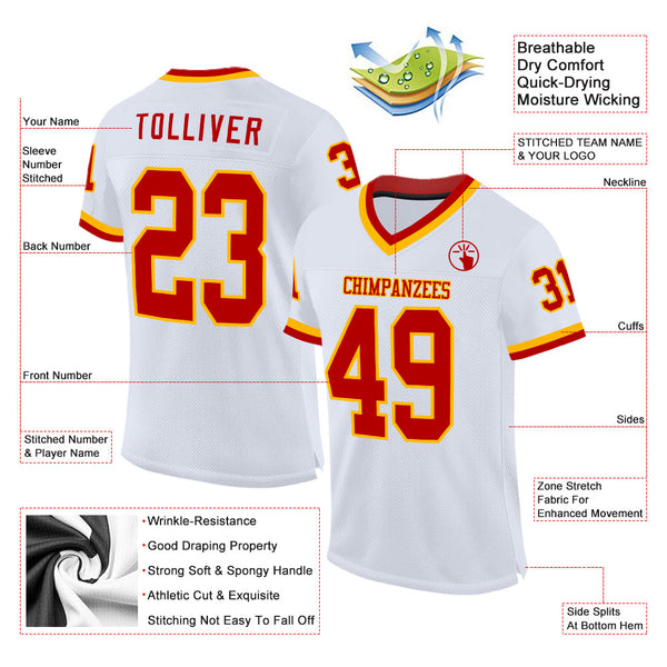 Custom White Red-Gold Mesh Authentic Throwback Football Jersey alternate