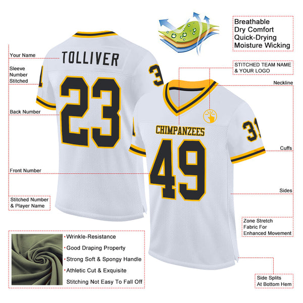 Custom White Black-Gold Mesh Authentic Throwback Football Jersey alternate