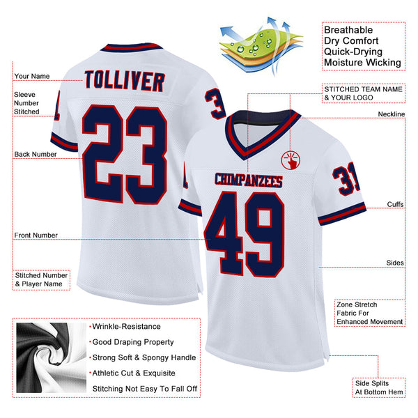 Custom White Navy-Red Mesh Authentic Throwback Football Jersey alternate