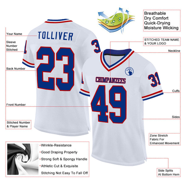Custom White Royal-Red Mesh Authentic Throwback Football Jersey alternate