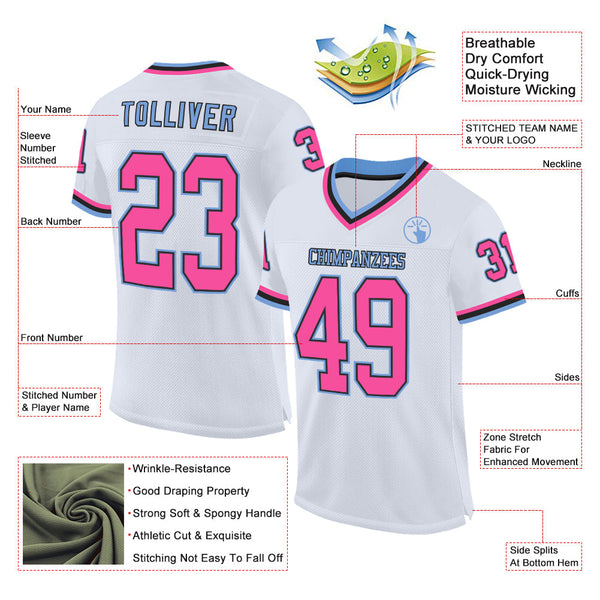 Custom White Pink Black-Light Blue Mesh Authentic Throwback Football Jersey alternate