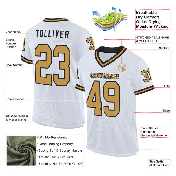 Custom White Old Gold-Black Mesh Authentic Throwback Football Jersey alternate