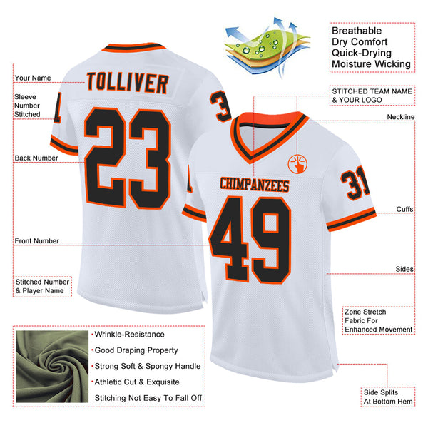 Custom White Black-Orange Mesh Authentic Throwback Football Jersey alternate