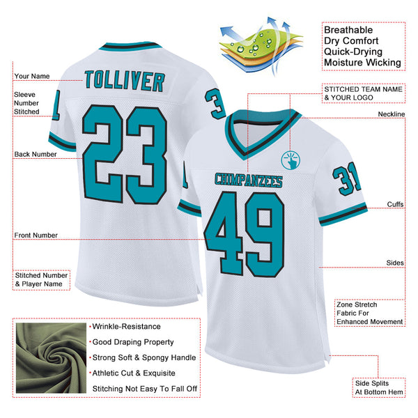 Custom White Teal-Black Mesh Authentic Throwback Football Jersey alternate