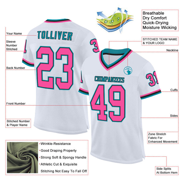 Custom White Pink Black-Teal Mesh Authentic Throwback Football Jersey alternate