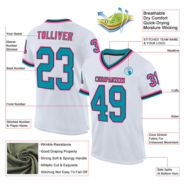 Custom White Teal Black-Pink Mesh Authentic Throwback Football Jersey alternate
