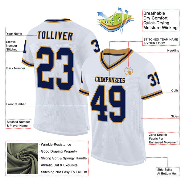 Custom White Navy-Old Gold Mesh Authentic Throwback Football Jersey alternate