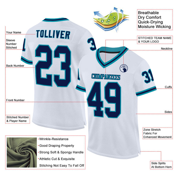 Custom White Navy-Teal Mesh Authentic Throwback Football Jersey alternate