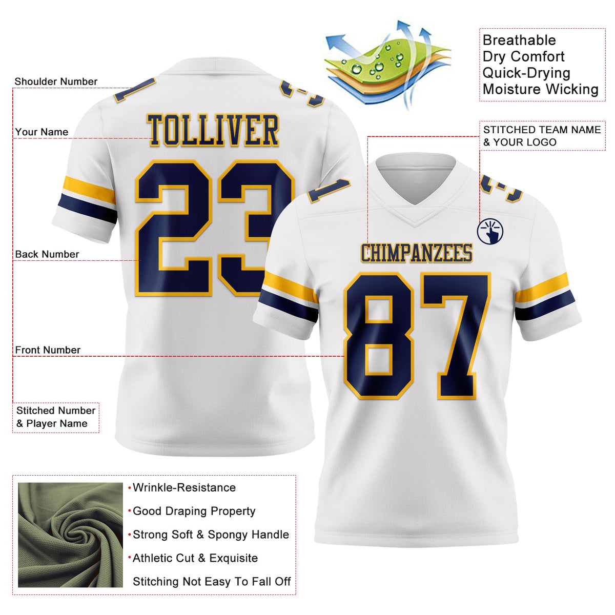 Custom White Navy-Gold Authentic Football Jersey - Front