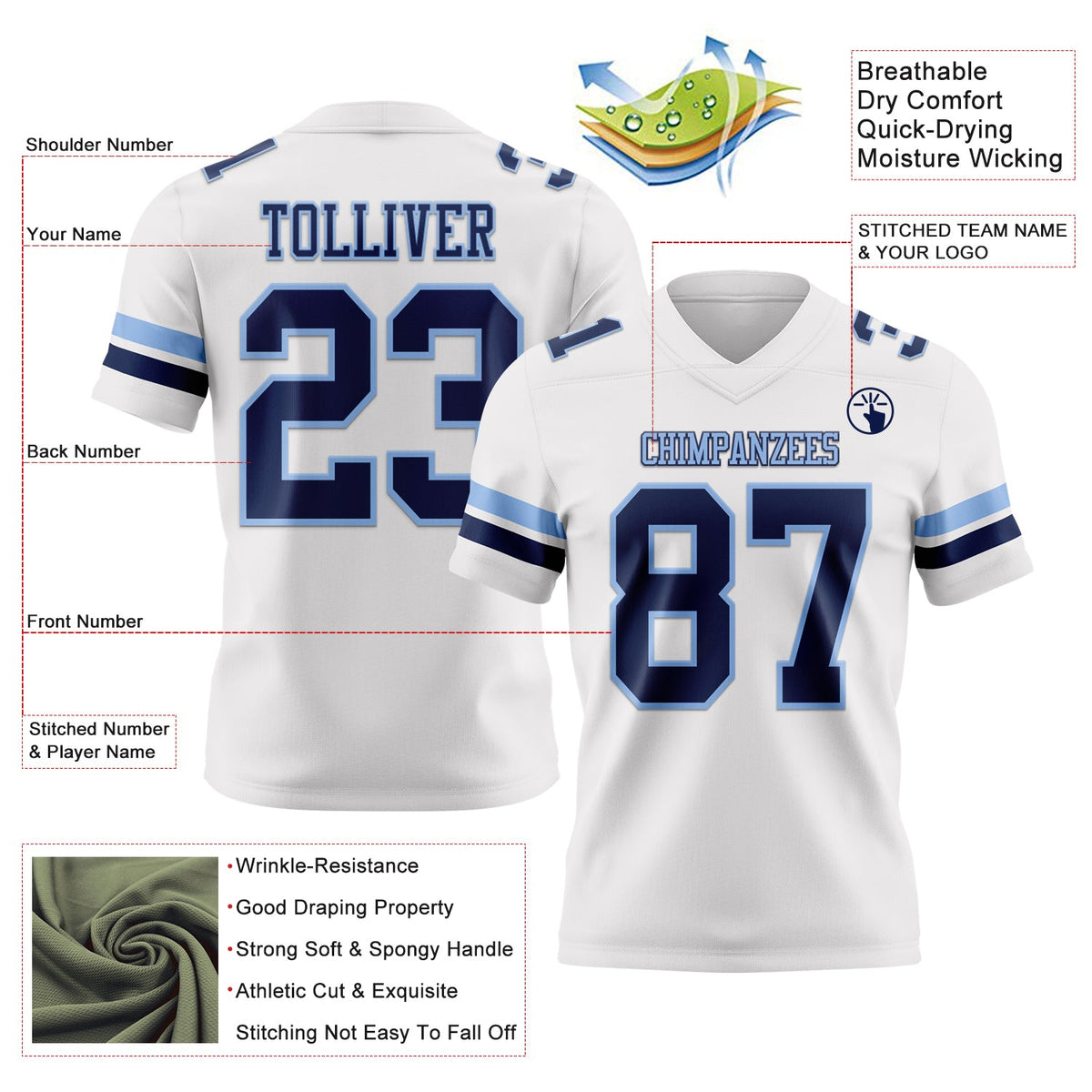 Custom White Navy-Light Blue Authentic Football Jersey - Front