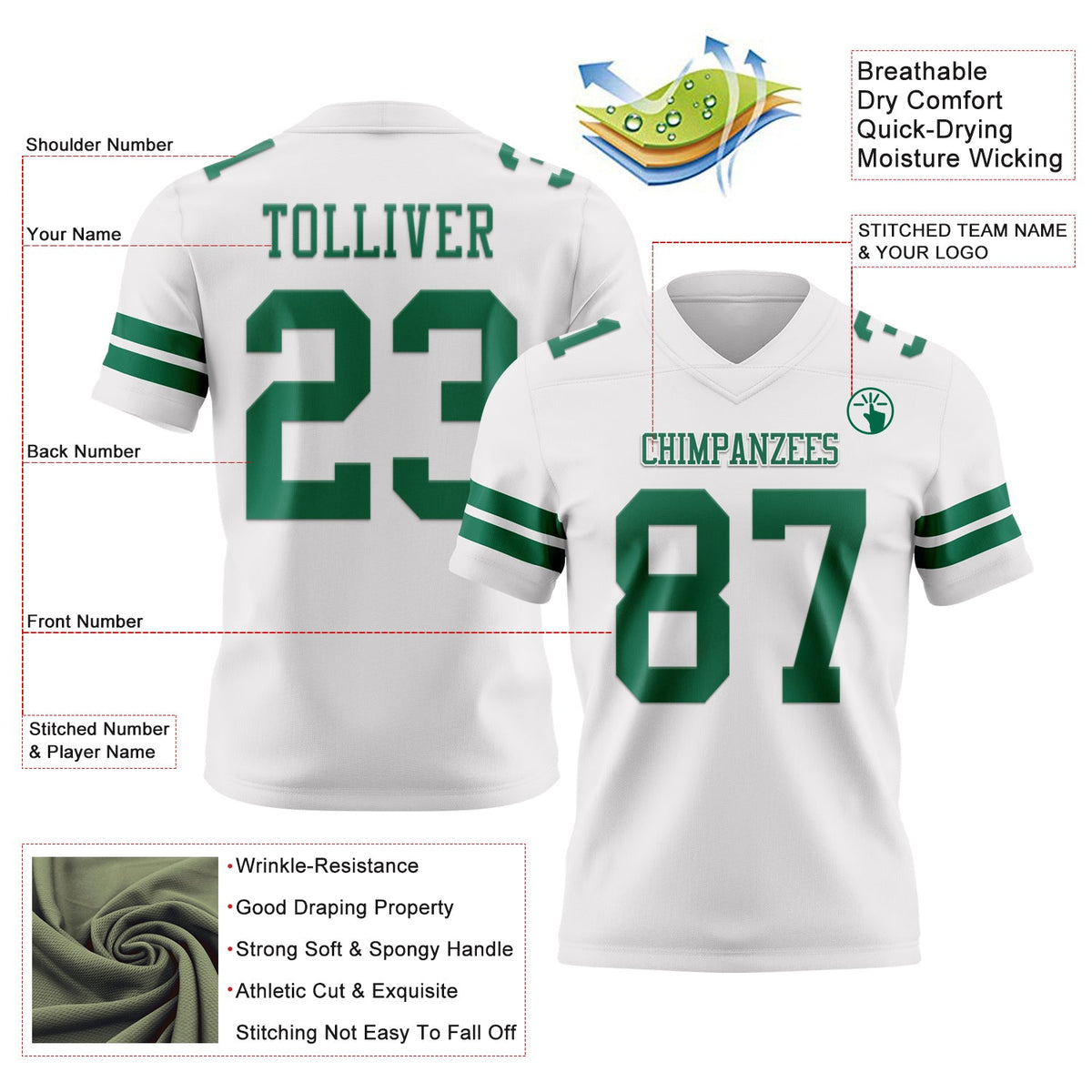 Custom White Kelly Green Authentic Football Jersey - Front