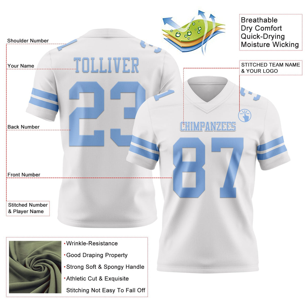 Custom White Light Blue Authentic Football Jersey - Front