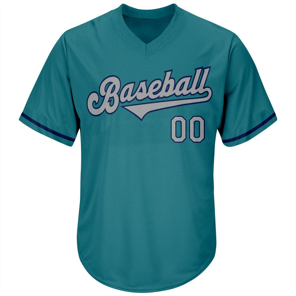 Custom Aqua Gray-Navy Authentic Throwback Rib-Knit Baseball Jersey Shirt alternate