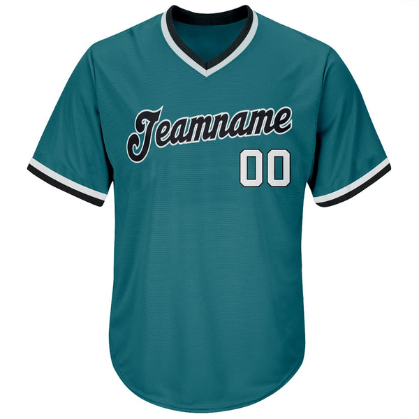 Custom Aqua White-Black Authentic Throwback Rib-Knit Baseball Jersey Shirt alternate