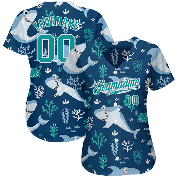 Custom Teal Teal-White 3D Pattern Design Sharks Authentic Baseball Jersey alternate