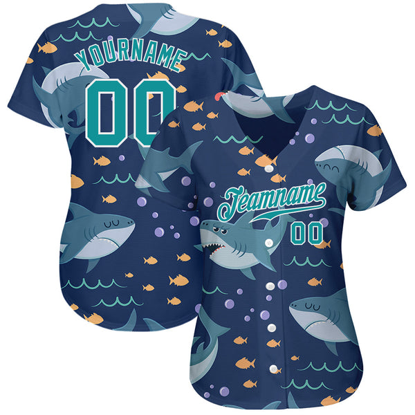 Custom Teal Teal-White 3D Pattern Design Sharks Authentic Baseball Jersey alternate