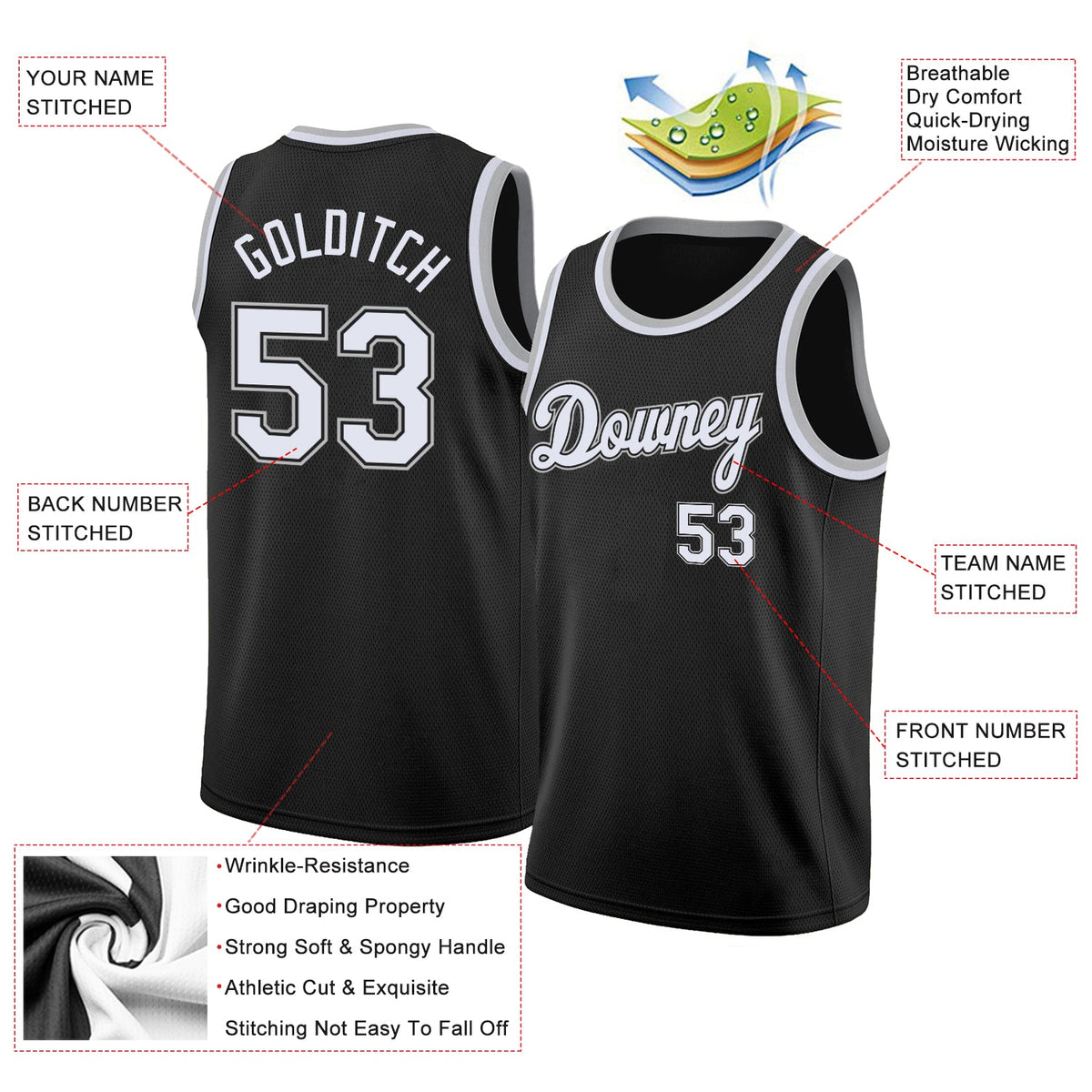 Custom Black White-Gray Round Neck Rib-Knit Basketball Jersey - Back