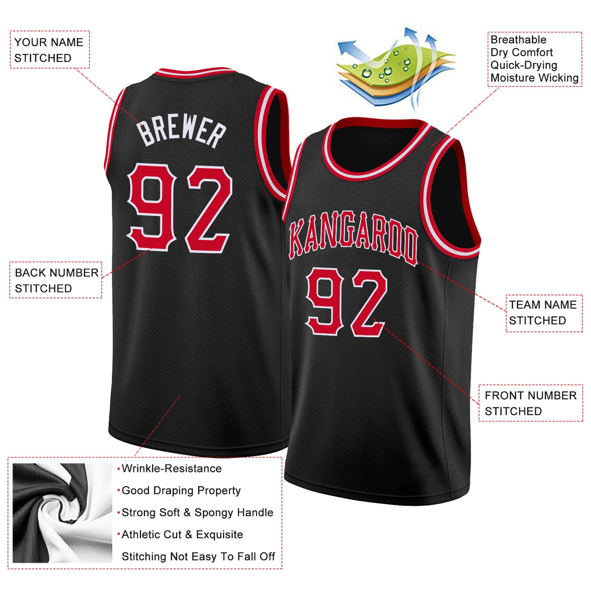 Custom Black Red-White Round Neck Rib-Knit Basketball Jersey - Back