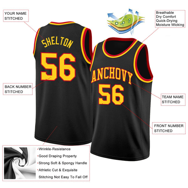 Custom Black Gold-Red Round Neck Rib-Knit Basketball Jersey alternate