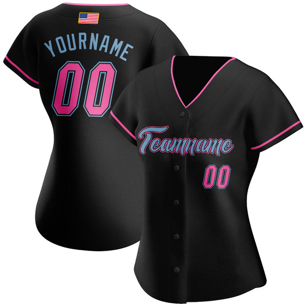 Custom Black Pink-Light Blue Authentic American Flag Fashion Baseball Jersey alternate