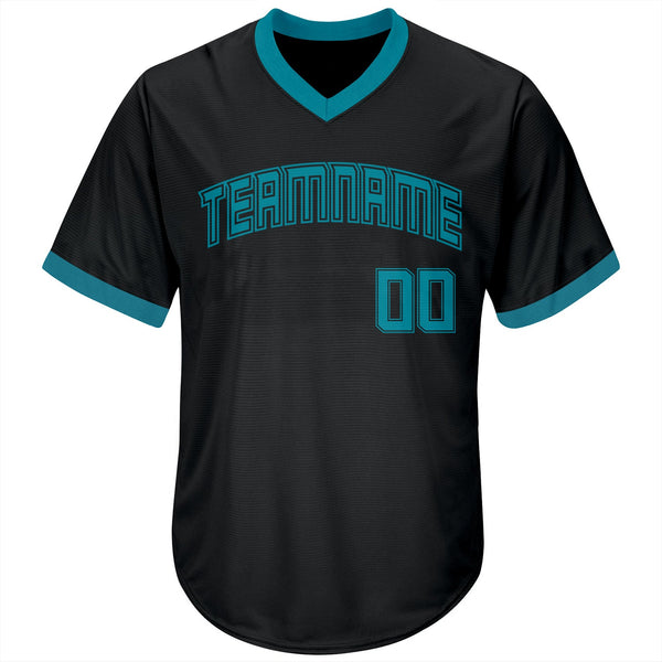 Custom Black Teal-Black Authentic Throwback Rib-Knit Baseball Jersey Shirt alternate
