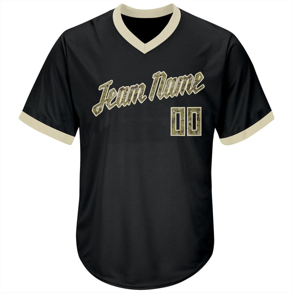 Custom Black Camo-Cream Authentic Throwback Rib-Knit Baseball Jersey Shirt alternate