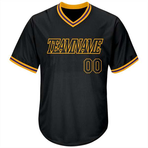 Custom Black Black-Gold Authentic Throwback Rib-Knit Baseball Jersey Shirt alternate