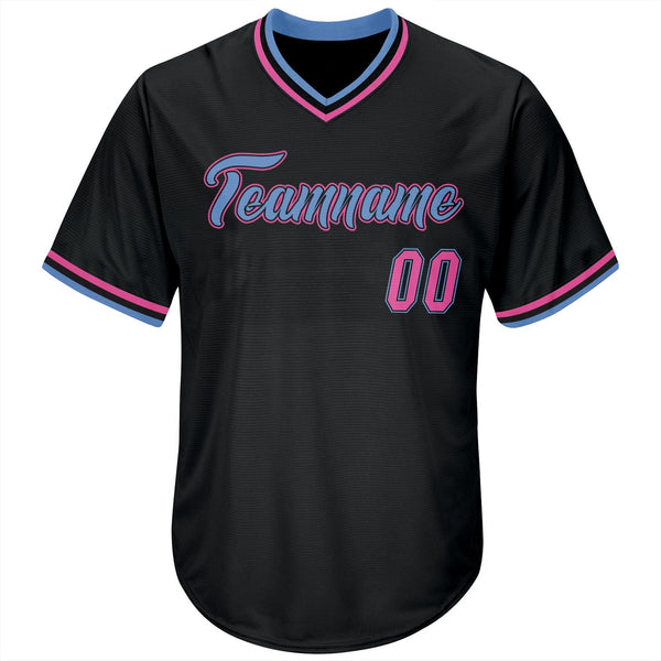 Custom Black Pink-Light Blue Authentic Throwback Rib-Knit Baseball Jersey Shirt alternate