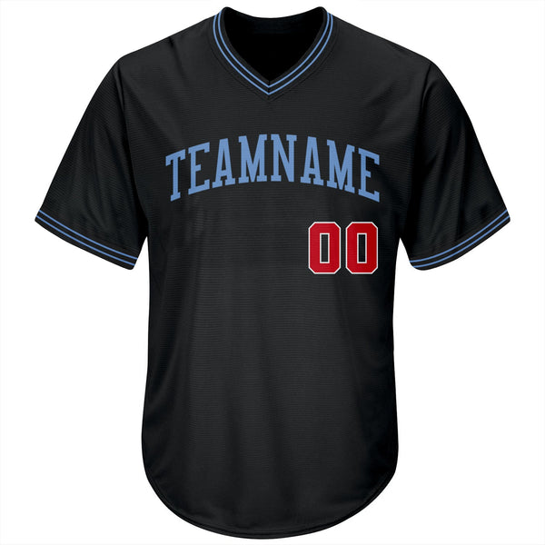 Custom Black Red-Light Blue Authentic Throwback Rib-Knit Baseball Jersey Shirt alternate