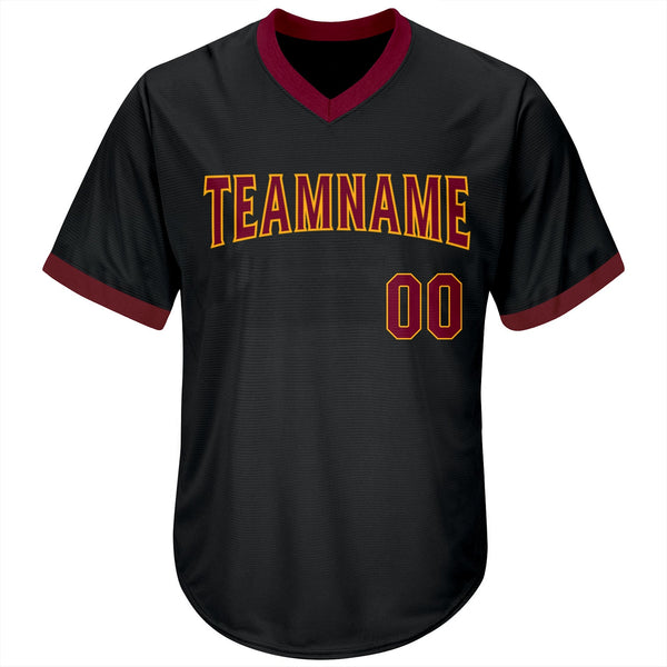 Custom Black Maroon-Gold Authentic Throwback Rib-Knit Baseball Jersey Shirt alternate