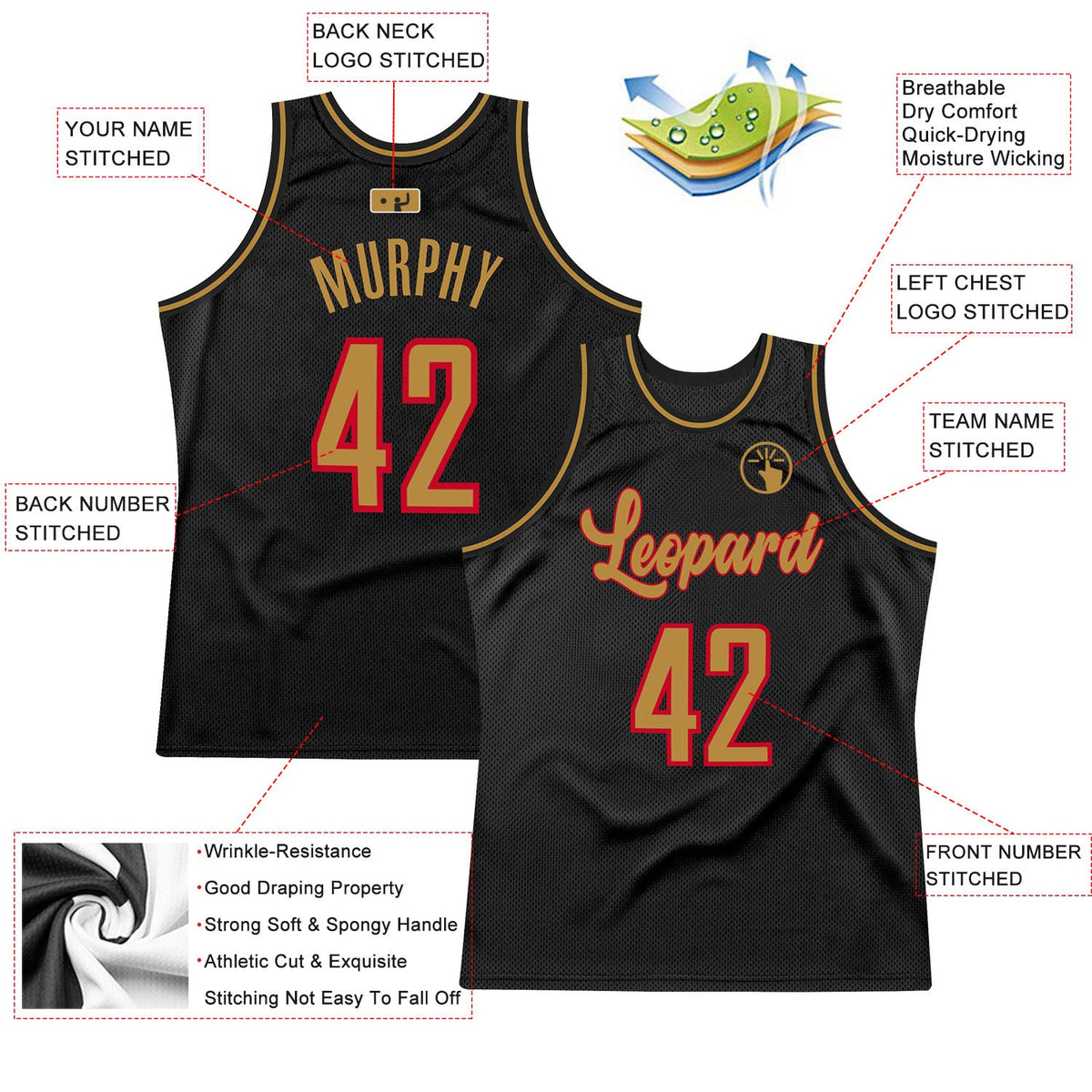 Custom Black Old Gold-Red Authentic Throwback Basketball Jersey - Back