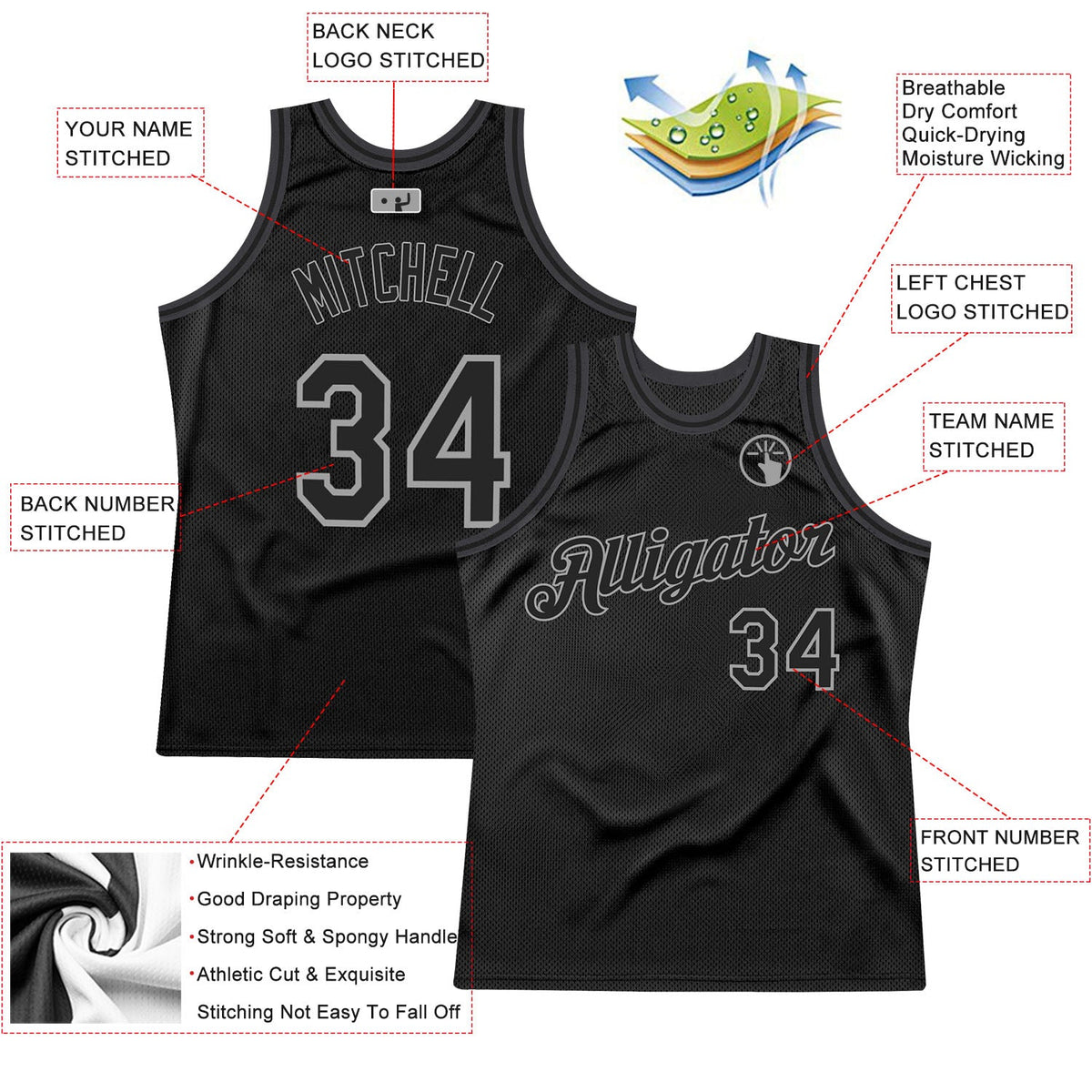 Custom Black Black-Gray Authentic Throwback Basketball Jersey - Back